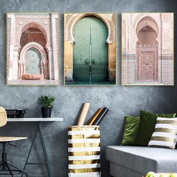 

Moroccan Door Wall Art Arabic Calligraphy Canvas Panting Islamic Architecture Poster Print Wall Pictures Boho Decor Gift