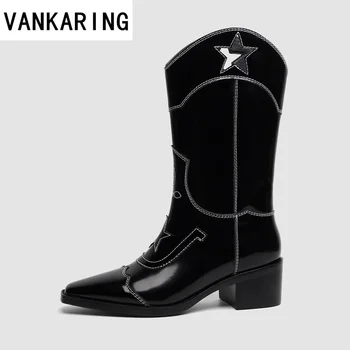 

sexy pointed toe women's boots leather keep warm winter boots for women autumn high heel cut-outs cowgirls mid calf boots women