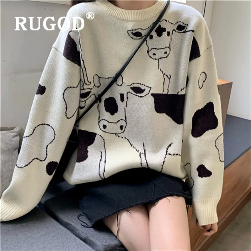 RUGOD, смешной принт коровы, вязаный свитер, женский, корейская мода, круглый вырез, длинный рукав, Зимний пуловер, весенний свитер, джемпер, pull femme