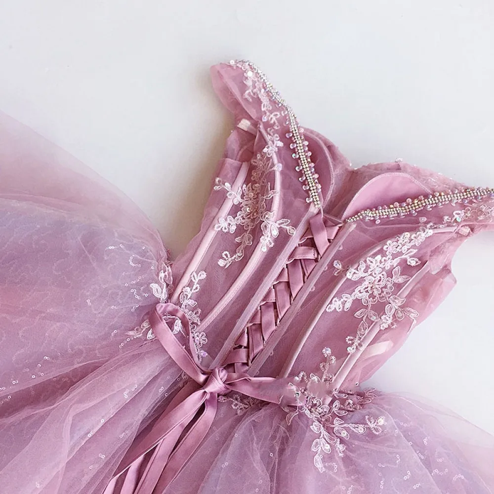 Vestidos para graduacion прозрачный розовый v-образный вырез на плече с кружевной аппликацией, без рукавов на шнуровке сзади