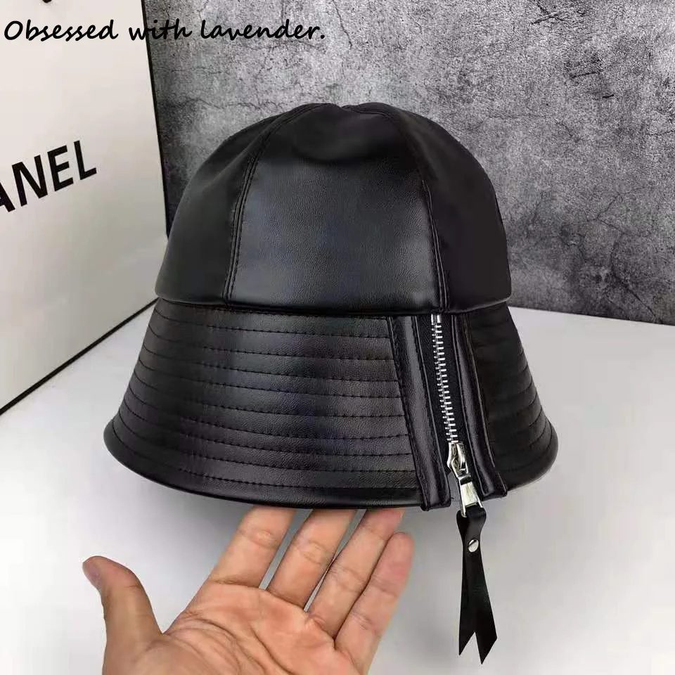 

Obsessed with lavender.Pan Hat Zipper Fisherman Hat pu Leather Hat Fall Shopping Japan Korean Autumn and Winter Men and women