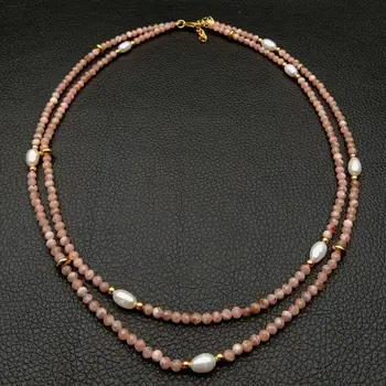 

2 rows Natural faceted Pink Rhodochrosite Cultured white rice Pearl Necklace 17"