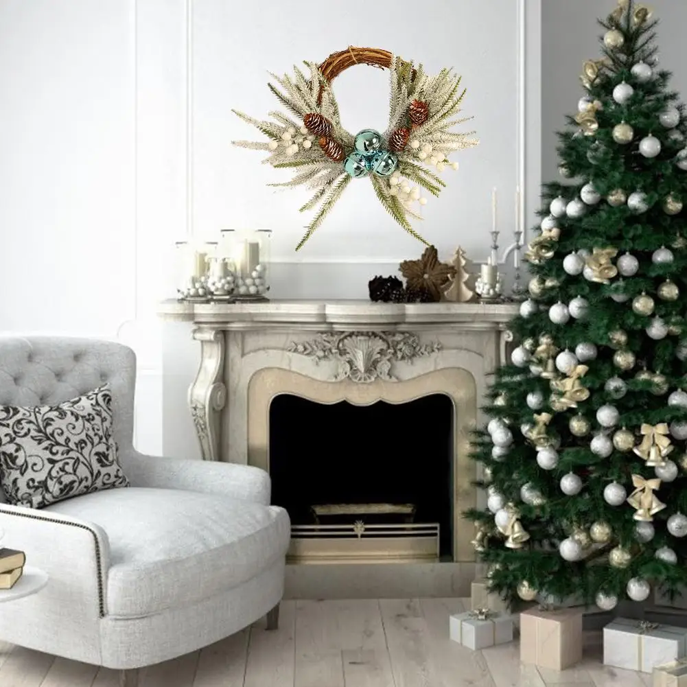 Christmas Decoration Wreath Pinecone Bell Flower Garland Festival Home Front Door Wall Hanging Flocking Decoration