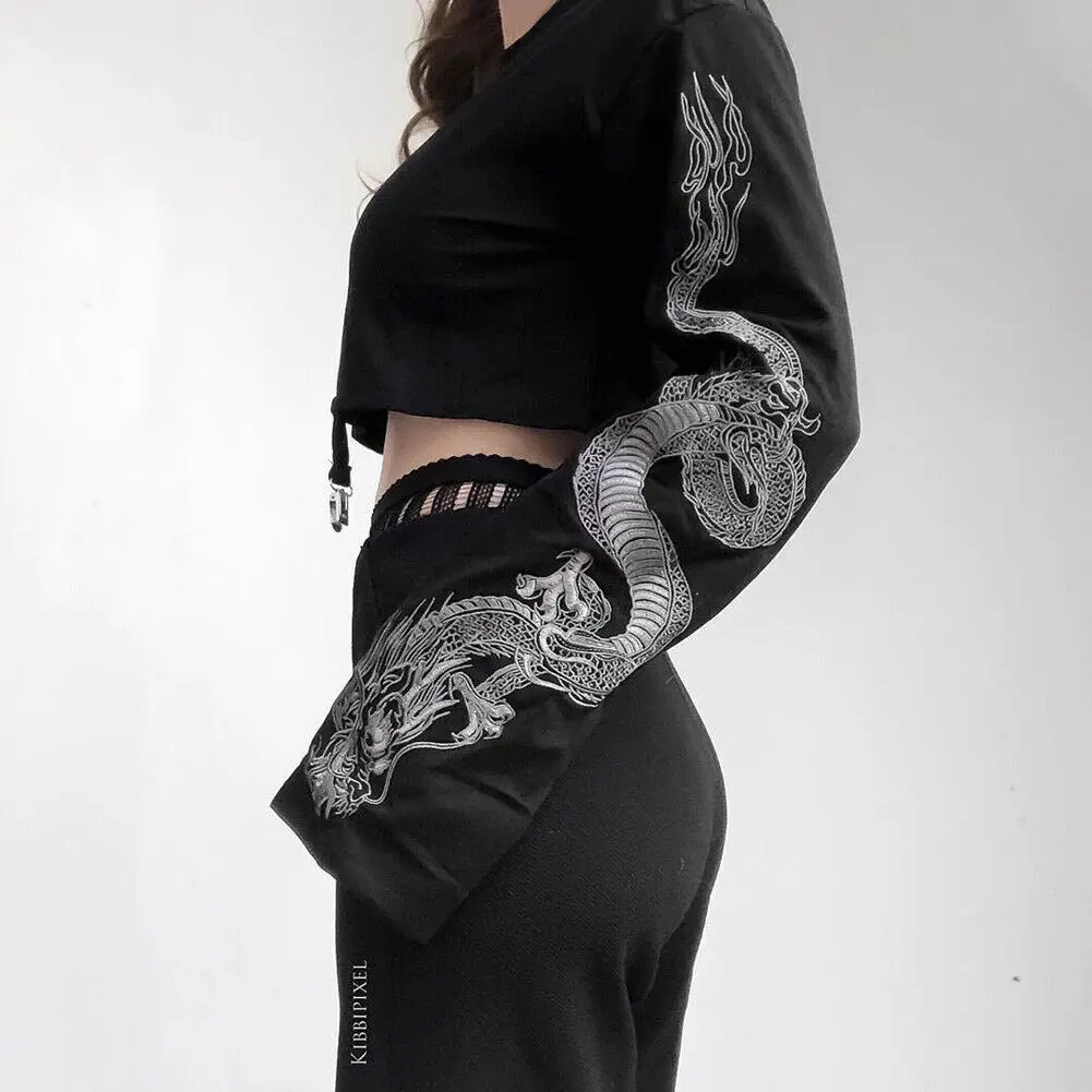 Gothic Punk Cool Girl Dragon Pattern t shirt bretelle a manica lunga T-Shirt da donna girocollo Top corto nero Pullover autunnale