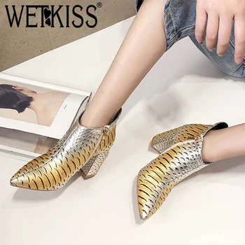 

WETKISS Colorful Emboss Boots Women High Heels Ankle Booties Female Party Shoes Ladies Pointed Toe Zip Shoes Winter Big Size 48