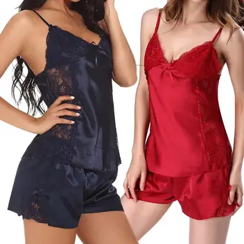 

Sexy Women Adjustable Straps Camisole Shorts Lace Bow Nightwear Sleepwear Set roupas de dormir feminina красивое женское белье