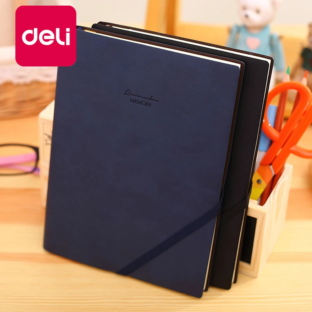 

Deli 1PCS Leather PU Material 25K Business Notebook With Pen Insert Oblique Strap Note book notepad 96 Page 22215