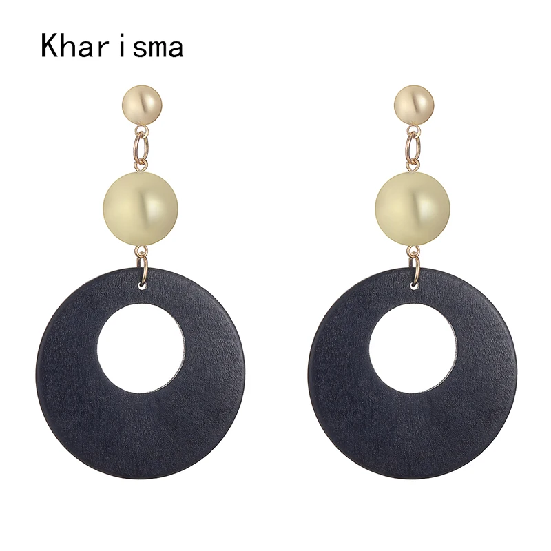 

KHARISMA Women 7 Colors Round Hollow Wooden Long Stud Earrings For Women Ethnic African Indian Gold Beads Pom Pom Big Earrings
