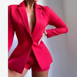 Wome blazer conjunto 2021 outono moda nova senhora do escritório com decote em v manga longa casaco + shorts outfits casuais jaquetas finas terno