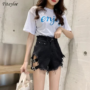 

Fitaylor 2020 New Women Streetwear Black Hole Denim Shorts Casual Summer Female High Waist Bandage Tassel Ladies Shorts