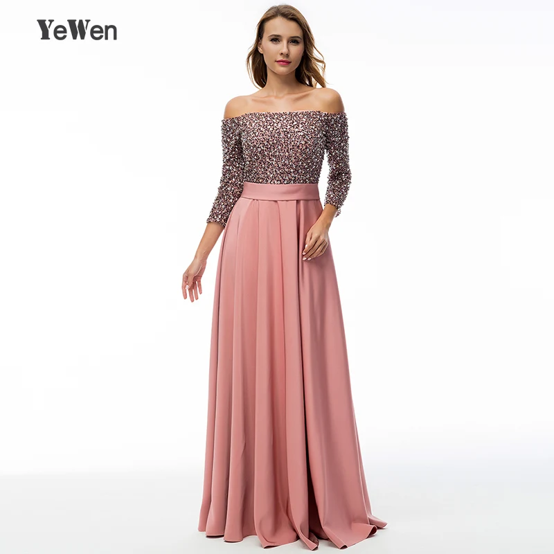 Saudi Arabië Diepe Roze Lovertjes Avondjurk Lange 2019 EEN Lijn Formele Off Shoulder 3/4 Mouwen Moeder van De Bruid jurken Saudi Arabië Diepe Roze Lovertjes Avondjurk Lange 2019 EEN Lijn Formele Off Shoulder 3/4 Mouwen Moeder van De Bruid jurken