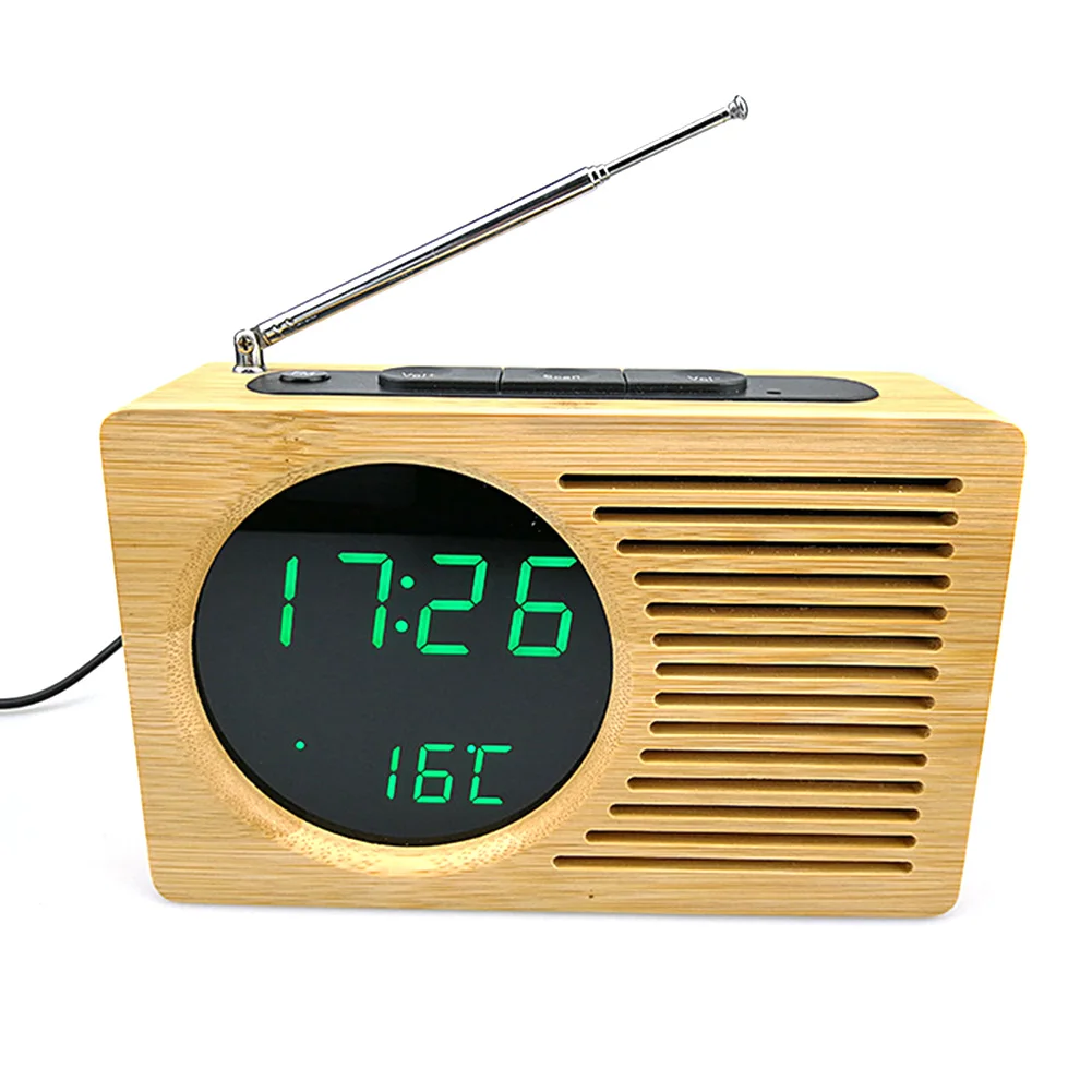 Зеленый Настольная бамбуковая спальня температурный дисплей Тихий Домашний винтажный светодиодный цифровой будильник радио декоративные прикроватные путешествия - Цвет: Зеленый