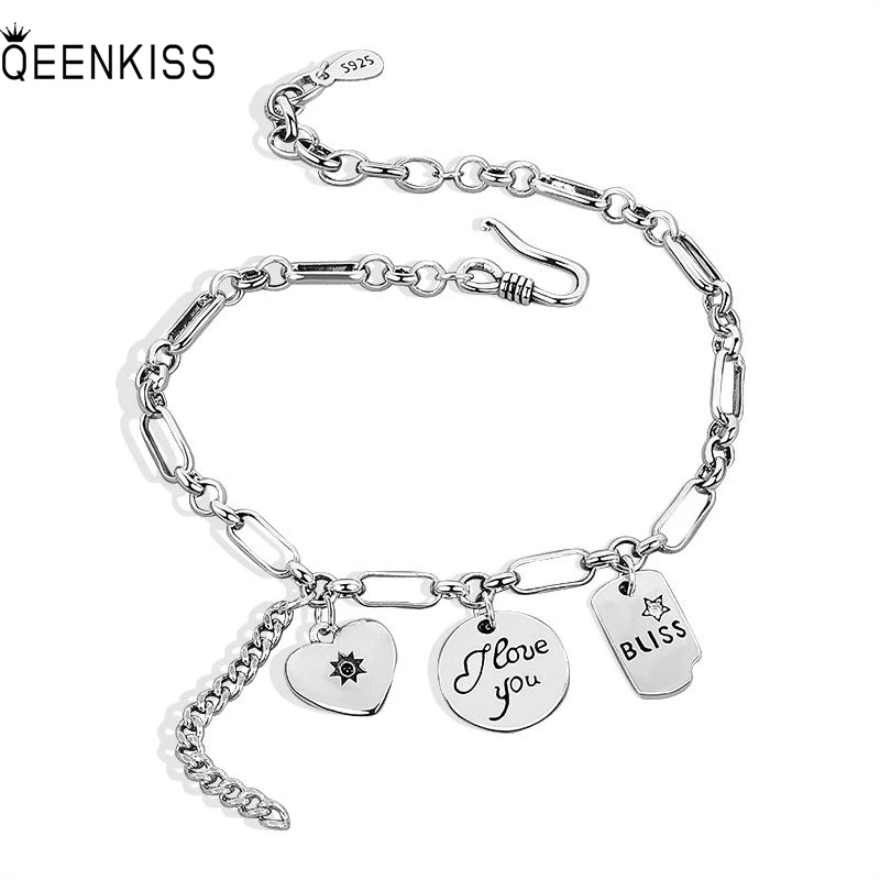 

QUEENKISS BT614 Fine Jewelry Wholesale Fashion Lady Girl Birthday Wedding Gift Round Love 925 Sterling Silver Pendant Bracelet