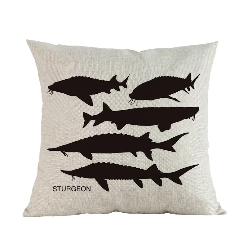 Черный силуэт стиль морфологическая рыба Koi бас Щука узор льняной бросок наволочка для дома декоративная подушка для дивана крышка - Цвет: Sturgeon