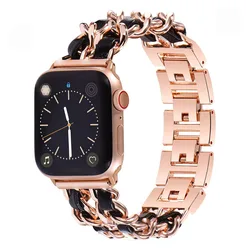 Elegant Leather Chain Metal Watchband - 38mm 40mm 41mm (Rose Gold - Black)
