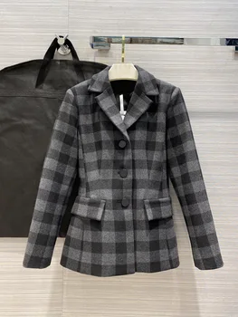 

High quality Wool blend women blazer coat 2020 autumn elegant fashion Long sleeve single breasted plaid with lapel Jacket blazer