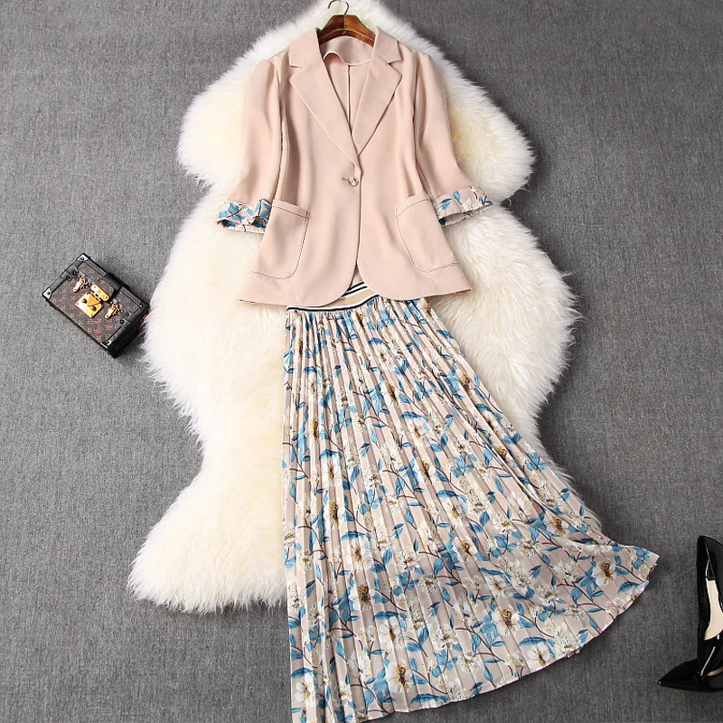 

2 piece sets womens outfits 2020 summer elegant offica one button blazer + elastic waist pleated skirt long matching sets