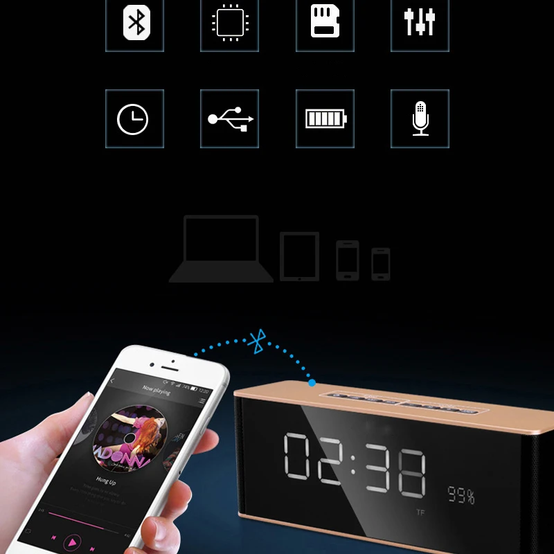 Bluetooth динамик Цифровой Будильник Радио зеркало дисплей светодиодный дисплей современный беспроводной вызова Повтор Функция настольные часы