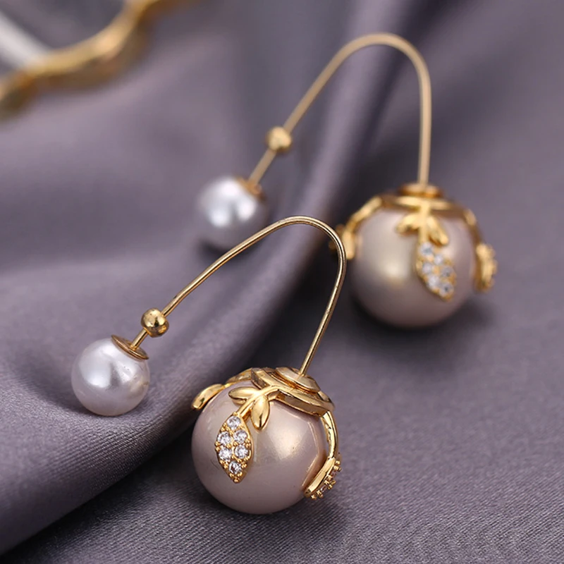 Imitation Pearl Beads Rhinestone Flower Copper Long Drop Earrings 2019
