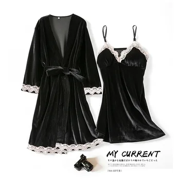 

FZSLCYIYI 2020 New Women's Sexy Pajamas Two Piece Set Autumn And Winter Gold Velvet Suspender Nightdress Robe Set For Women