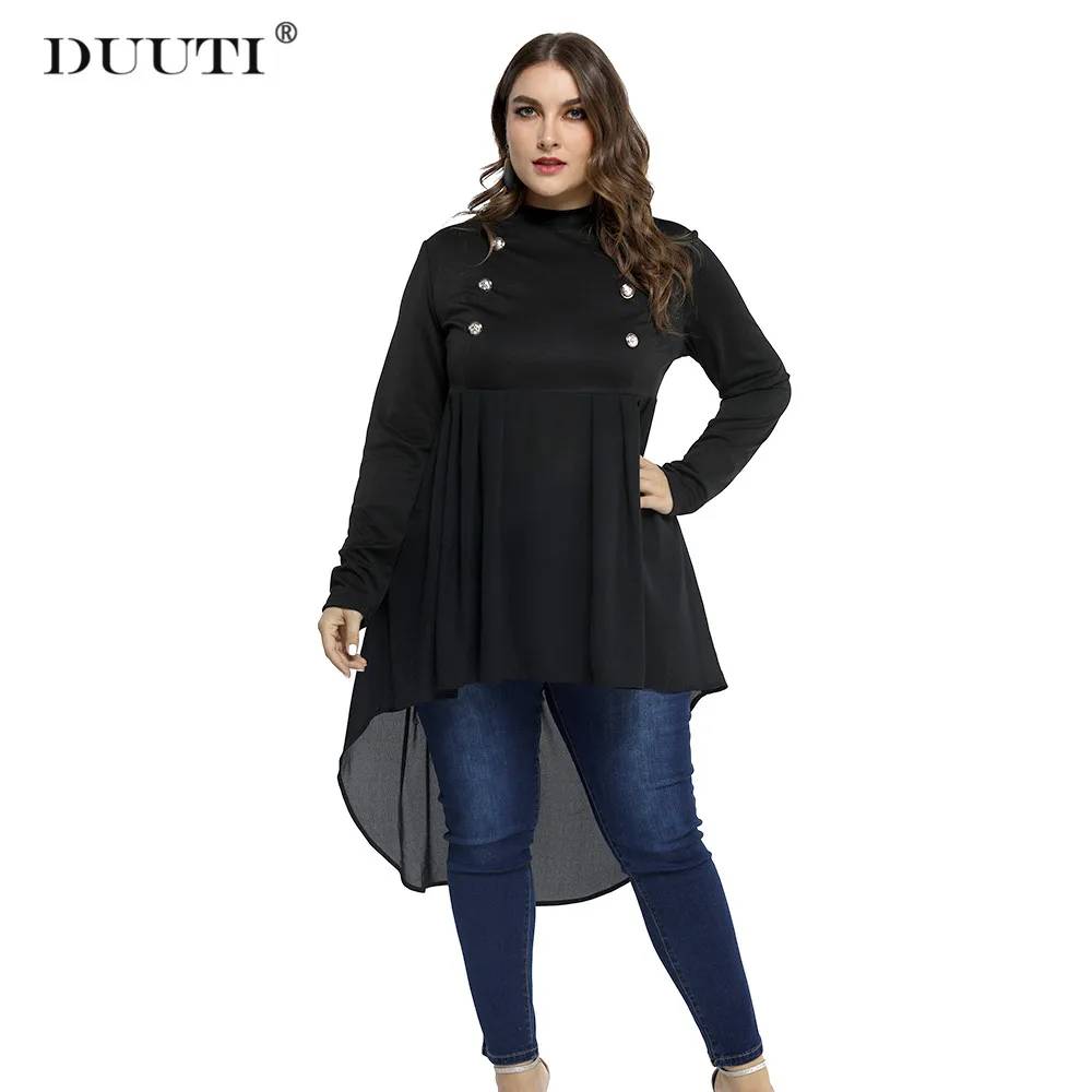 

DUUTI Plus Size Women Front Short Back Long Top New High Neck Solid Long Sleeve Asymmetrical Hem Tunic Casual Fishtail Shirt D25