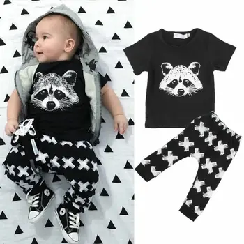 

Newborn Clothing 2019 Foxes Animal Print T-Shirt For Boys X Print Black Long Pants Newborn Active Suits Baby Boys Clothes Set