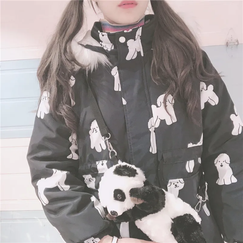 Japanese Women Cartoon Dog Print Jacket Girls Student Hooded Fur Collar