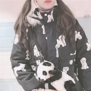 

Japanese Women Cartoon Dog Print Jacket Girls Student Hooded Fur Collar Medium Long Loose Wild Soft Sister Winter Cotton Coat