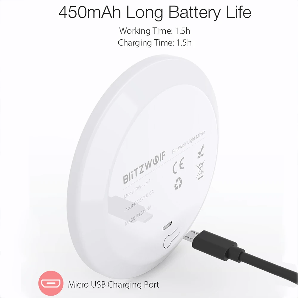 Blitzwolf BW-LM1 портативный мини USB Перезаряжаемый светодиодный зеркальный светильник для макияжа 5000-8000 K с кнопкой управления светодиодный зеркальный светильник для макияжа