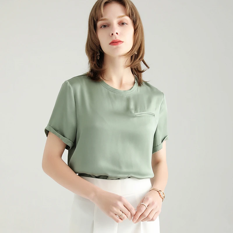 SuyaDream Women Solid T Shirt 100%Silk Satin O Neck Short Sleeves Chic Shirt 2021 Spring Summer White Silk Top