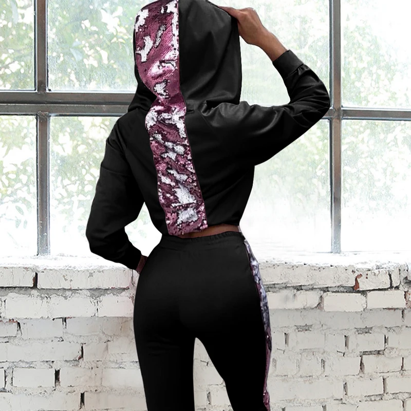 

Sexy Women Tracksuits 2020 Running Set Side Strap Zip Hooded Sweatshirt Long Sleeve Two-piece Tracksuit Fuitness Gym Sports Wear