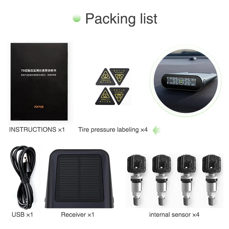 Original Xiaomi Youpin 70mai TMPS Tire Pressure Monitoring System Solar Power English APP Built-in/