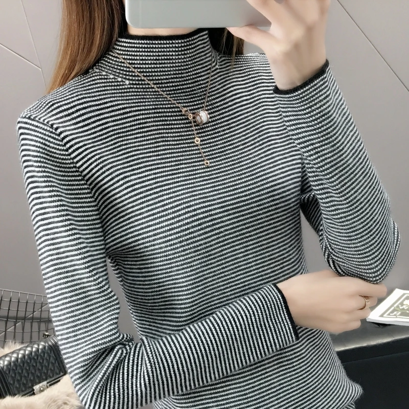 

Women's Sweater Autumn Winter Korean Version 2020 New Black White Striped High Collar Bottoming Inside Slim Long-sleeved Sweater
