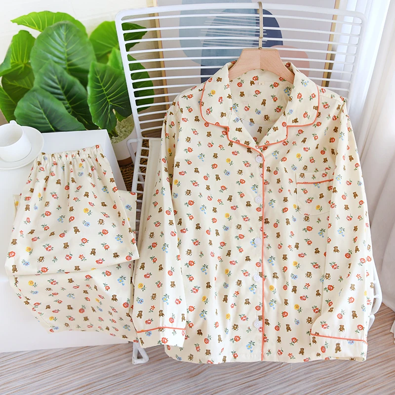 New Spring Autumn Pajamas Set Plain Cloth Floral Cotton Pyjama Feminino