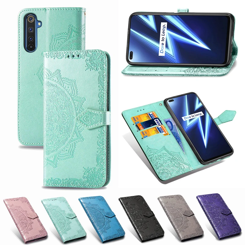Кожаный чехол книжка с цветочным рисунком для OPPO A52 A72 A92 A5 A7 2020 Realme 3 5 6 Pro Q C2 A1K ACE X2 5i