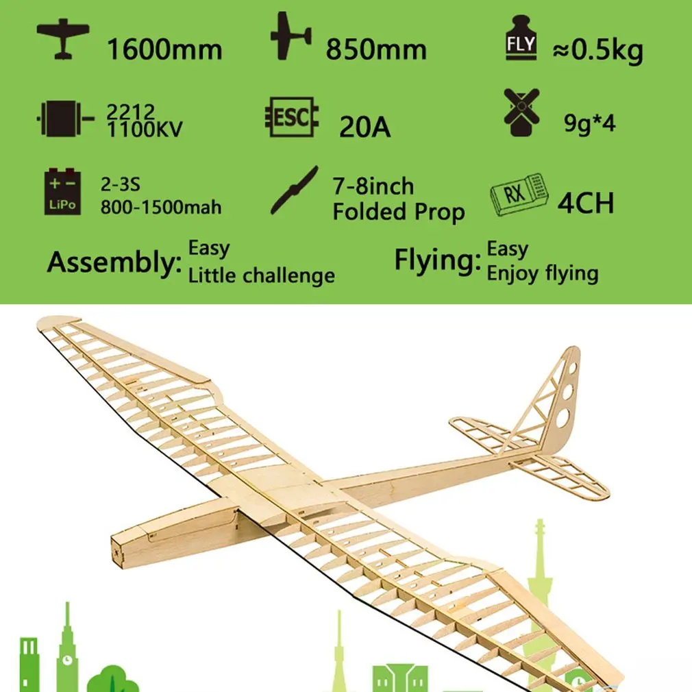 EP Sunbird Balsa деревянный планер самолет с 8 дюймов сложенный пропеллер 1,6 м размах крыльев биплан радиоуправляемый самолет вертолет модель игрушки комплект/PNP