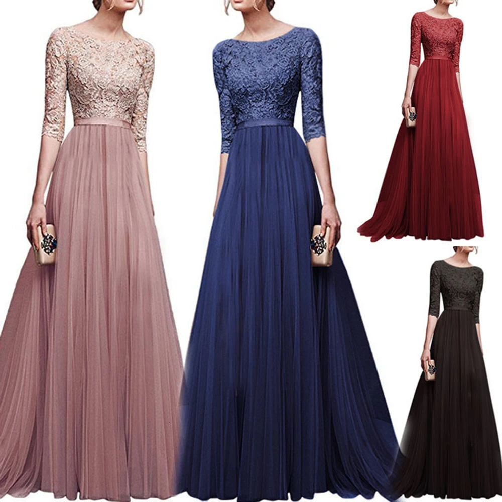 

Plus Size Women Lace Long Evening Party Dress Solid Color Three Quarter Sleeve Floor Length Maxi Dresses Robes Femme Vestidos