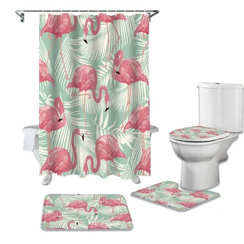 

Flamingos Tropical Plants Shower Curtains Set Bath Mat Set Toilet Cover Waterproof Bathroom Shower Curtain and Rug Sets