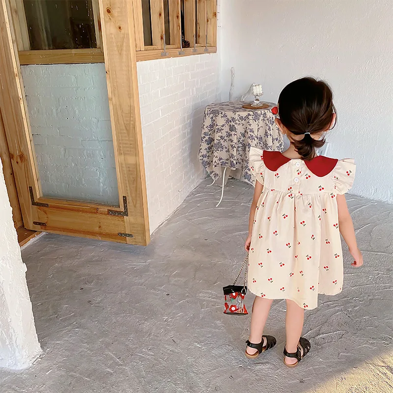 Cherry Print Girls Dress Toddler Kid Baby Clothes Ruffles Sleeveless Cotton Dresses Elegant Cute Sweet Sundress Outfit 1-7T girls dress