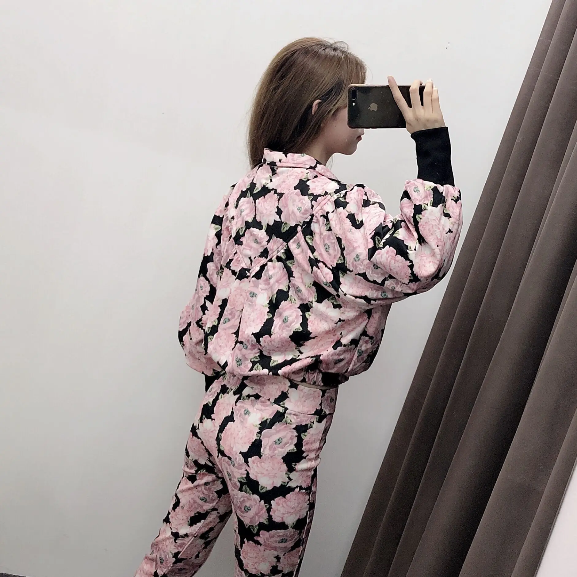 

Western Style WOMEN'S Dress 2019 Spring And Autumn New Style Fold-down Collar Pink Flower Printed Jacket Women's