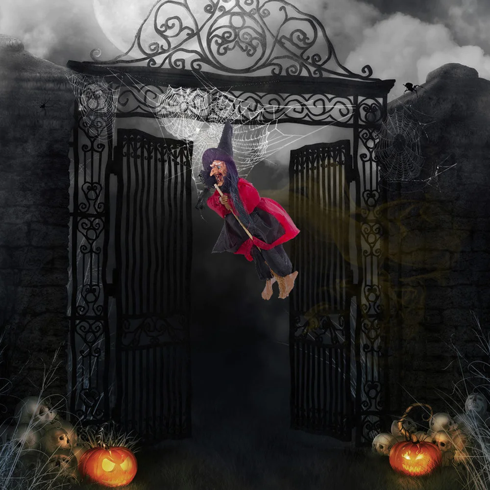 Halloween Hanging Witch Dolls Voice Control Prop Animated Ghost Scary Riding Broom Wall Hang Party Outdoor Home Decoration Toys