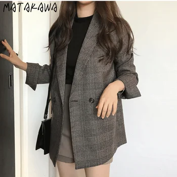 

MATAKAWA Autumn 2020 Retro Temperament Plaid Jacket Double Row Two Button Medium Length Suit Coat Women