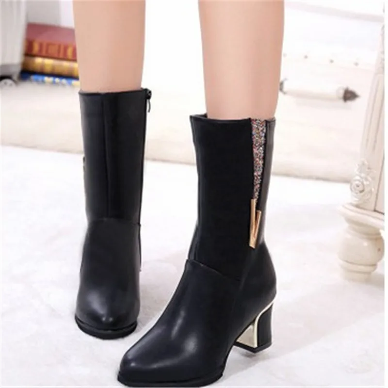 

2017 Autumn And Winter New Style Europe And America Slanted Heel Semi-high Heeled Boots Women's Middle Boots Autumn without Flee