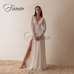 Deep V-Neck Front High Split Chiffon Wedding Dresses Backless Lace Long Sleeve See-Through Bridal Gown robe de mariée vestidos