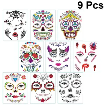 

9 Sheets Face Sticker Facial Makeup Mask Mexico Day Of The Dead Skull Waterproof Face Sticker Tattoos Decal For Adults Halloween