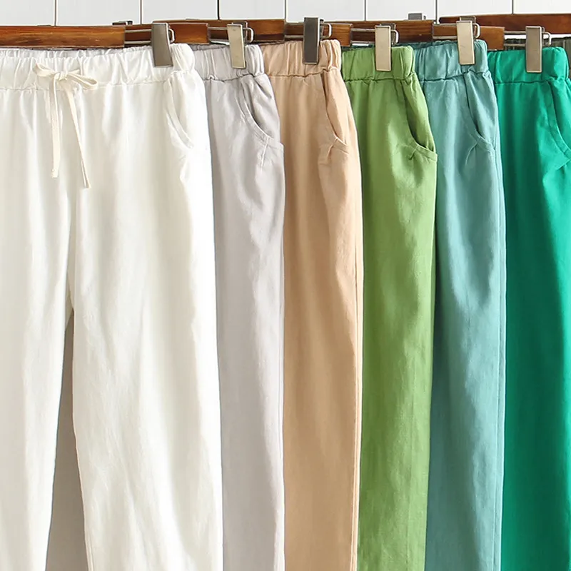 4XL, плюс размер, хлопковые льняные штаны для женщин, брюки, свободные, повседневные, яркие цвета, женские шаровары, Капри, женские летние штаны C6049