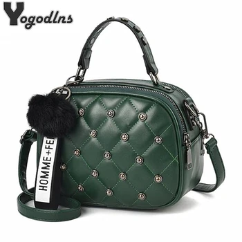 

Trendy Rivet Plaid Bag for Women Brand Design Small Crossbody Bags with Hairy Ball Girls Mini PU Leather Handbags Phone Purse