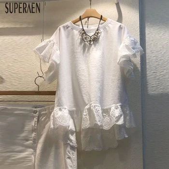 

SuperAen Korean Style T Shirts 2020 Summer New Lace Stitching Fashion Ladies T Shirts Short Sleeve Solid Color Women Clothing