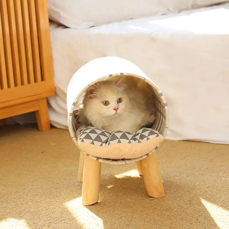 

Cat House Bed with Warm Soft Cushion Mat Detachable Wood Shelf Pet Sleeping Bed Cat Tunnel Toy Pet House for Cats