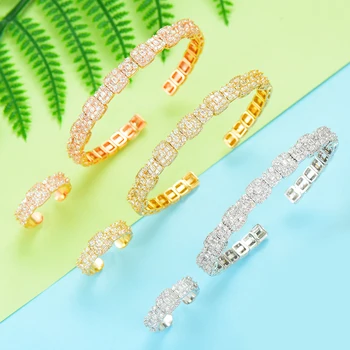 

SisCathy 2PCS Romantic Full Micro Cubic Zircon Pave Bangle Ring Set For Women Elegant Bridal Wedding Party Jewelry Sets 2019